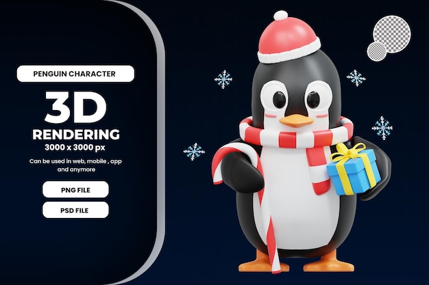 3d Cute Penguin bring a candy stick illustration premium psd