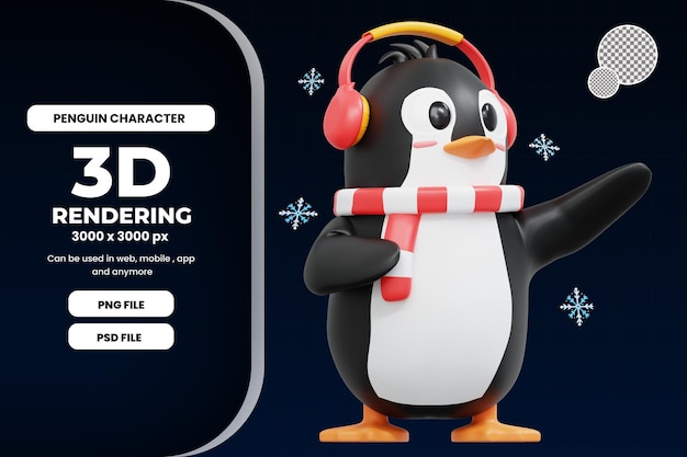 3d Cute Penguin pointing to left illustration premium psd