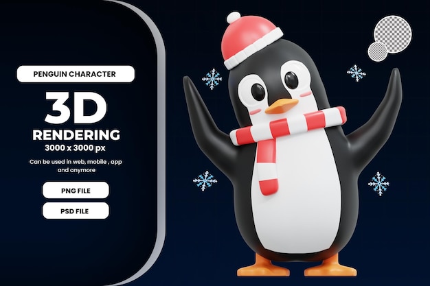 3d Cute Penguin wearing a beanie illustration premium psd