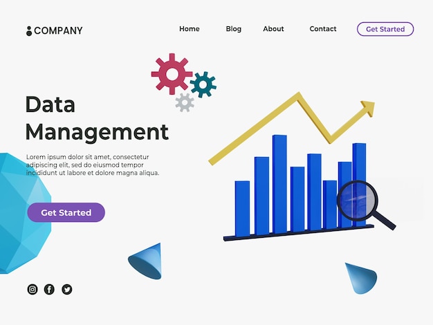 3d data management concept for landing page with statistics graph