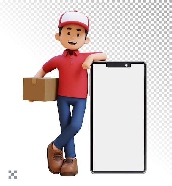 3D Delivery Man Character Lying on Large Empty Phone Screen and Carrying Parcel Box