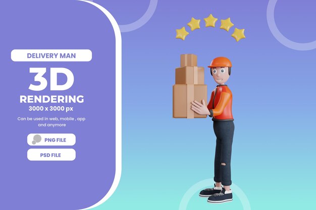 3d delivery man character with box illustration premium psd