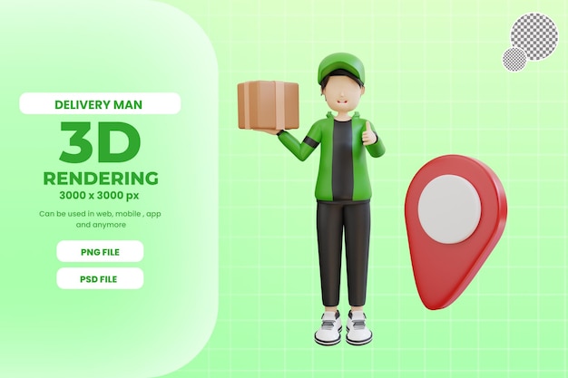 3d delivery man character with box and location premium psd