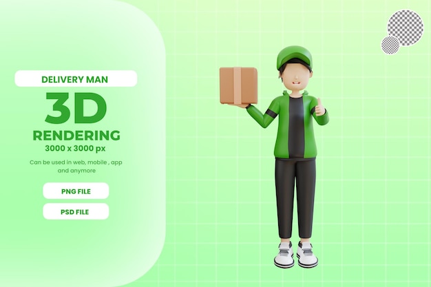 3d delivery man character with box premium psd