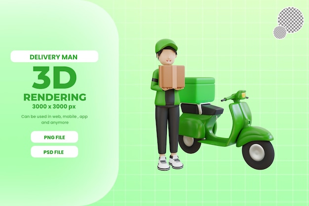 3d delivery man character with box and scooter premium psd