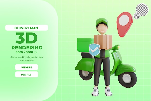 3d delivery man character with box and scooter premium psd