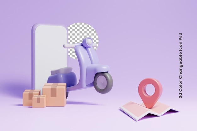 3d Delivery scooter with cardboard boxes on pin location or 3d out of scooter from smartphone