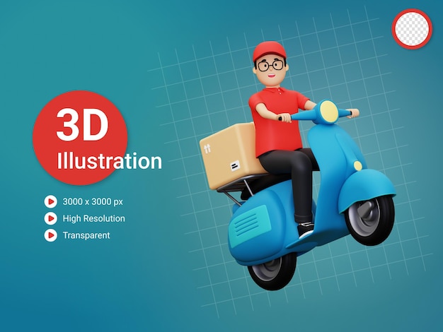 3d Deliveryman on scooter going to deliver parcel