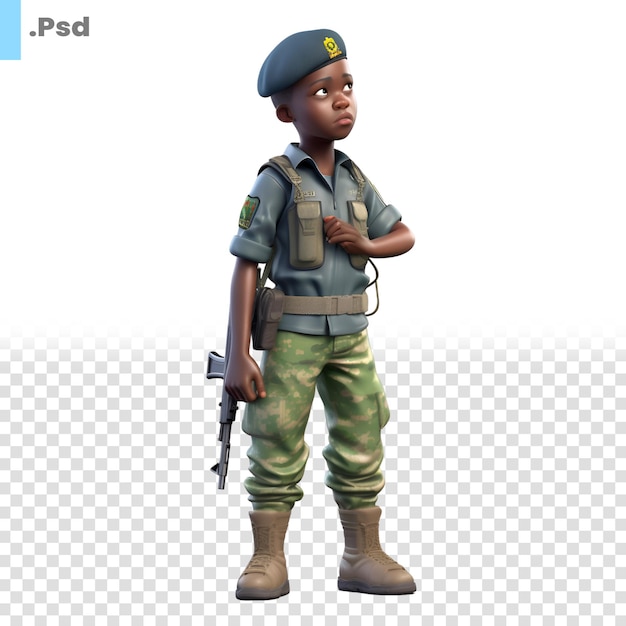 3D digital render of a cute African American child soldier isolated on white background PSD template