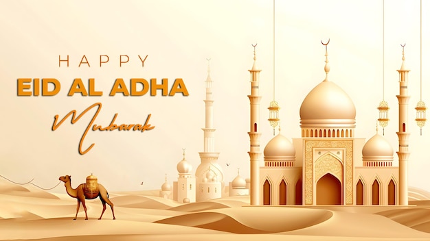 3d eid al adha banner template with islamc decorated background and camel