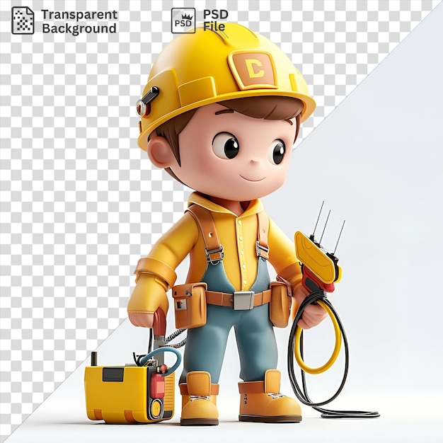 3d electrician cartoon fixing wires with a yellow helmet and brown belt holding a yellow toy and showing off their black eyes and pink ear