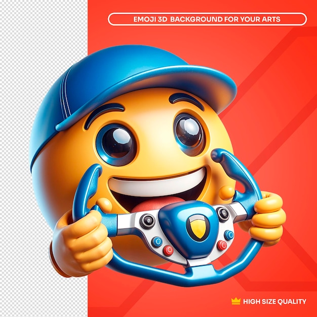 PSD 3d emoji of smiling driver with blue cap holding a sports steering wheel