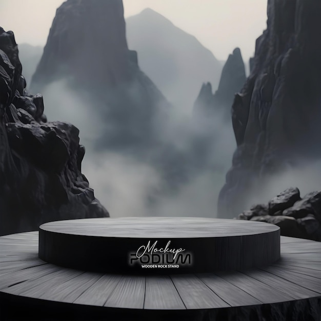 3d Empty wooden pedestal round podium stand on misty mountain relax scene hill view nature backdrop