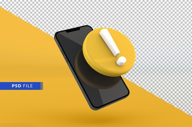 3d exclamation icon and smartphone on yellow background