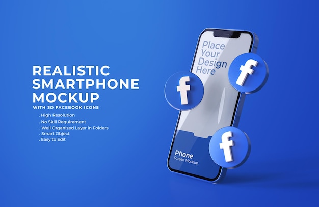 3d facebook icons with mobile screen mockup