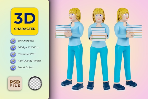 3d female cartoon character holding book