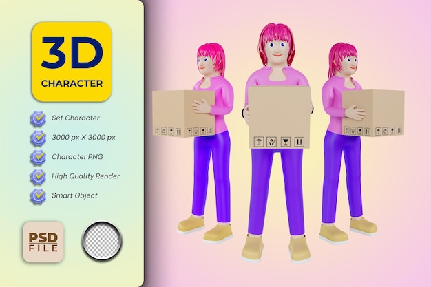 3d female cartoon character holding cardboard box