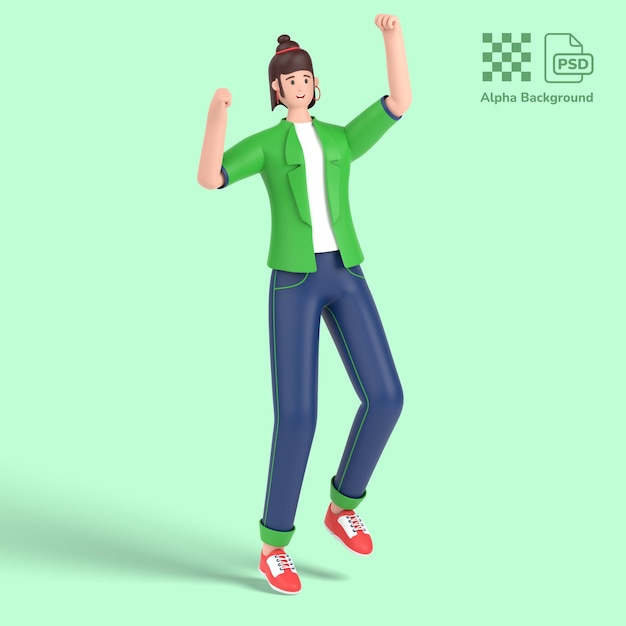 3d female character jumping and celebrates success