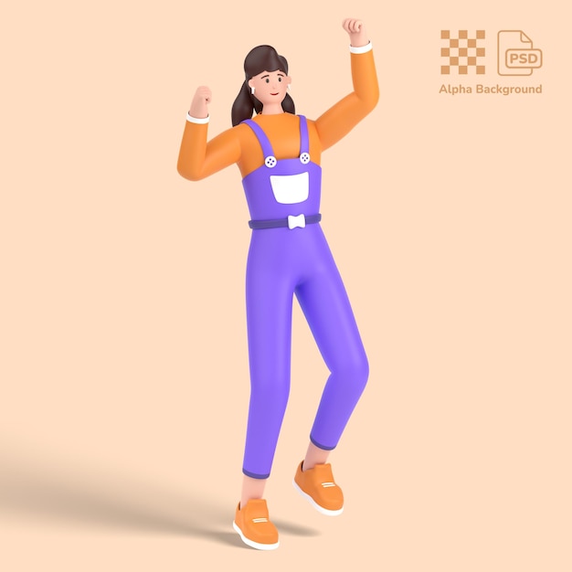 3d female character jumping and celebrates success