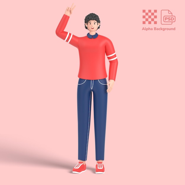 3d female character showing and pointing up with fingers number two victory sign