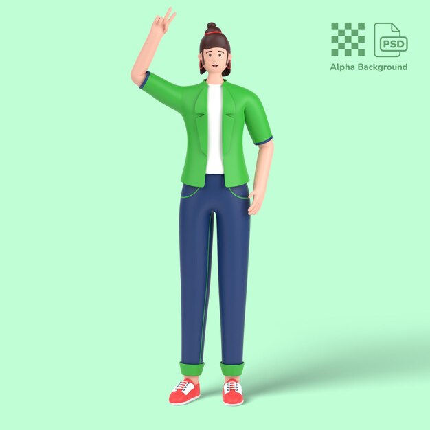 3d female character showing and pointing up with fingers number two victory sign