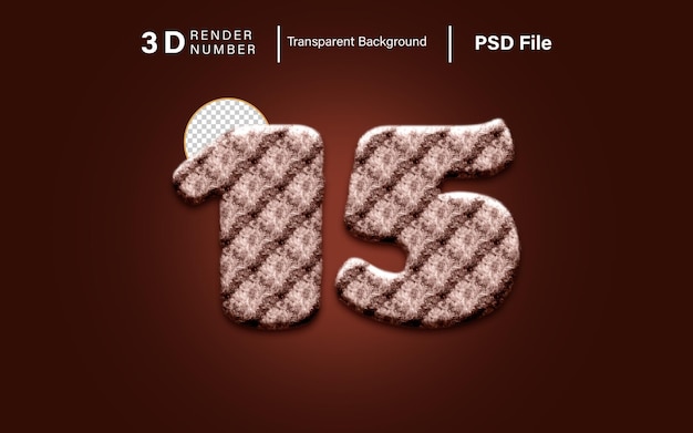 PSD 3d fifteen number 15 fur color isolated on transparent background