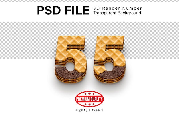 PSD 3d fifty five number 55 wafer biscuit rendering isolated on transparent background