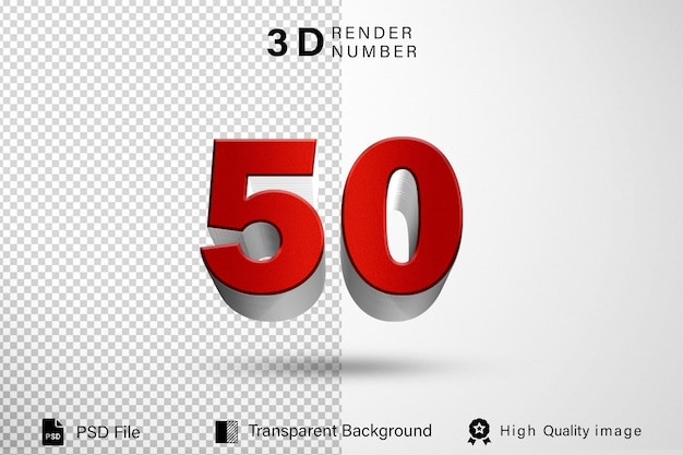 PSD 3d fifty number 50 red metal color isolated on transparent background