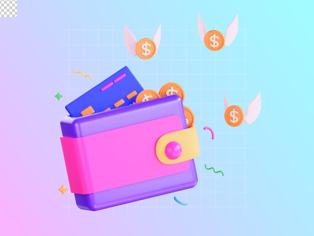 3d finance wallet icon illustration with debit card and money flying