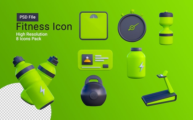 3d fitness gym icon pack isolated