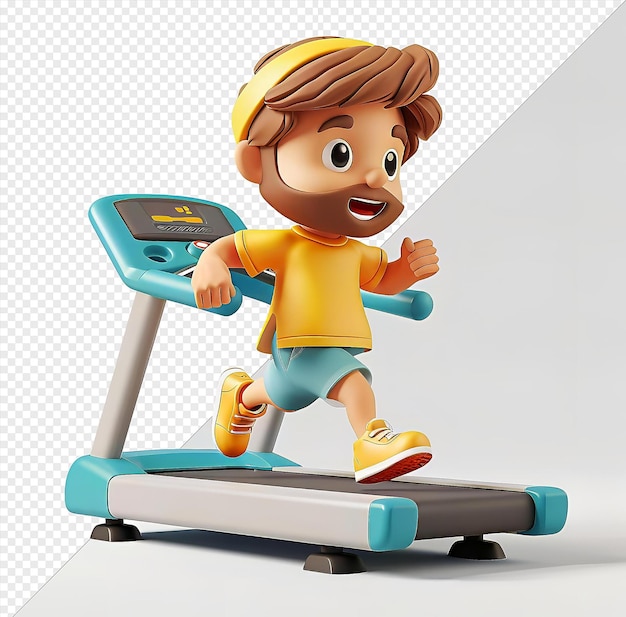 3d fitness trainer cartoon leading a dynamic workout session with a toy and a hand visible in the foreground while a black eye and a yellow shoe can be seen in the background