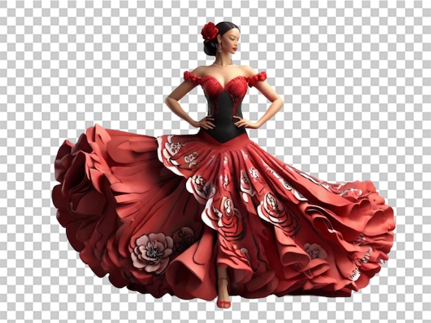 3d flamenco dancer in beautiful dress on transparent background