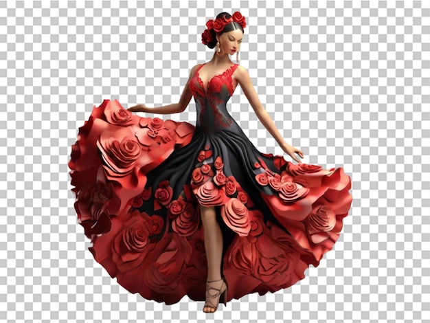 3d flamenco dancer in beautiful dress on transparent background