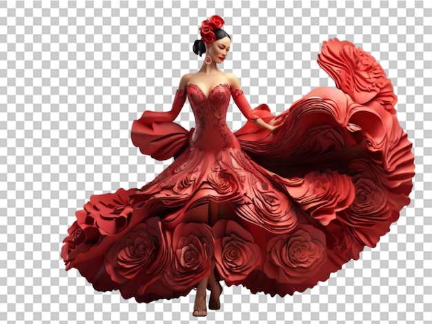 3d flamenco dancer in beautiful dress on transparent background