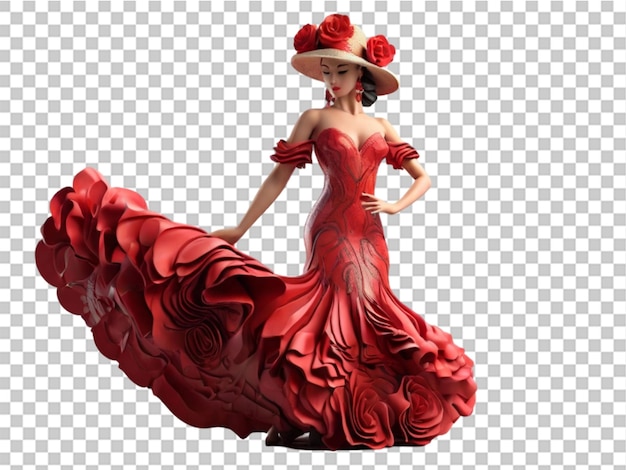 3d flamenco dancer in beautiful dress on transparent background