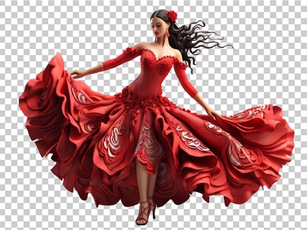 3d flamenco dancer in beautiful dress on transparent background