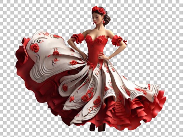 3d flamenco dancer in beautiful dress on transparent background