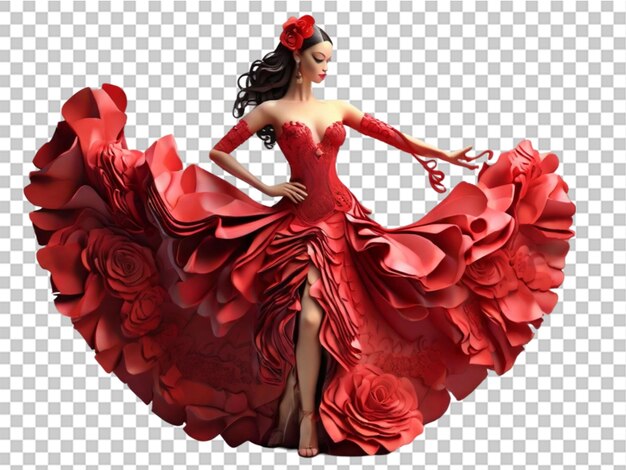 3d flamenco dancer in beautiful dress on transparent background