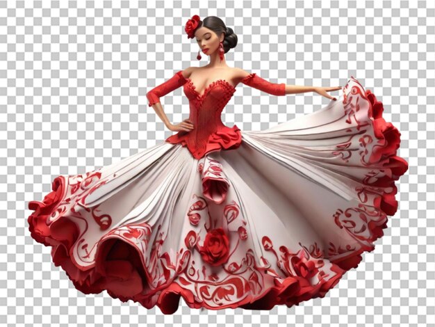 3d flamenco dancer in beautiful dress on transparent background