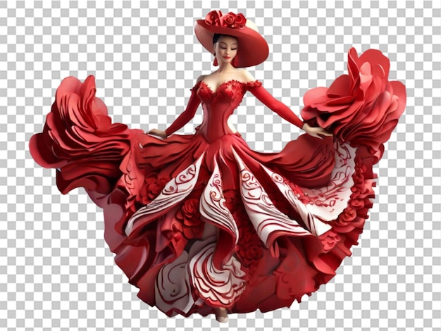 3d flamenco dancer in beautiful dress on transparent background