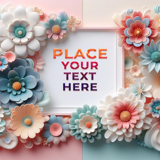 PSD a 3d floral template with colorful flowers and a framed picture