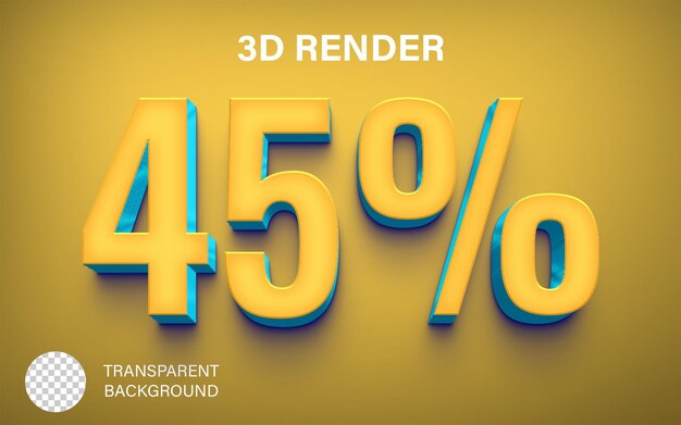 PSD 3d forty five precent discount 45 yellow and blue color isolated on transparent background