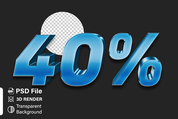 PSD 3d forty precent discount 40 bright blue gradient isolated on transparent background