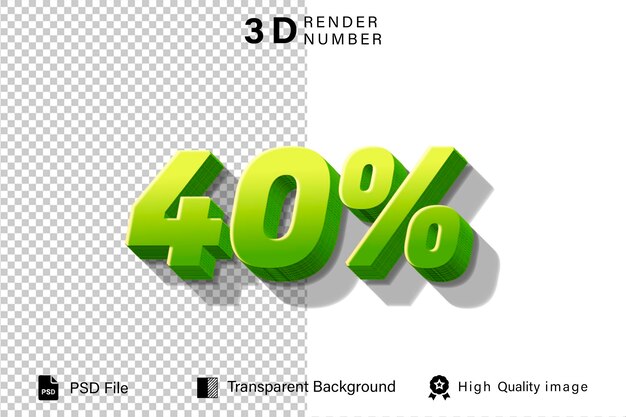 PSD 3d forty precent discount 40 green with lemon color isolated on transparent background