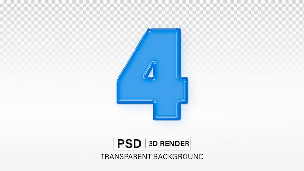 PSD 3d four number 4 blue glass effect isolated on transparent background