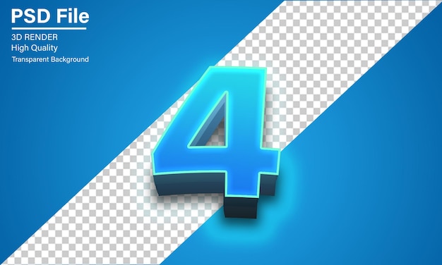 PSD 3d four number 4 blue neon isolated on transparent background