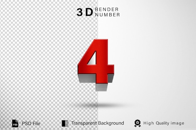 PSD 3d four number 4 red metal color isolated on transparent background