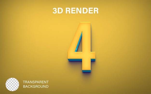 PSD 3d four number 4 yellow and blue color isolated on transparent background