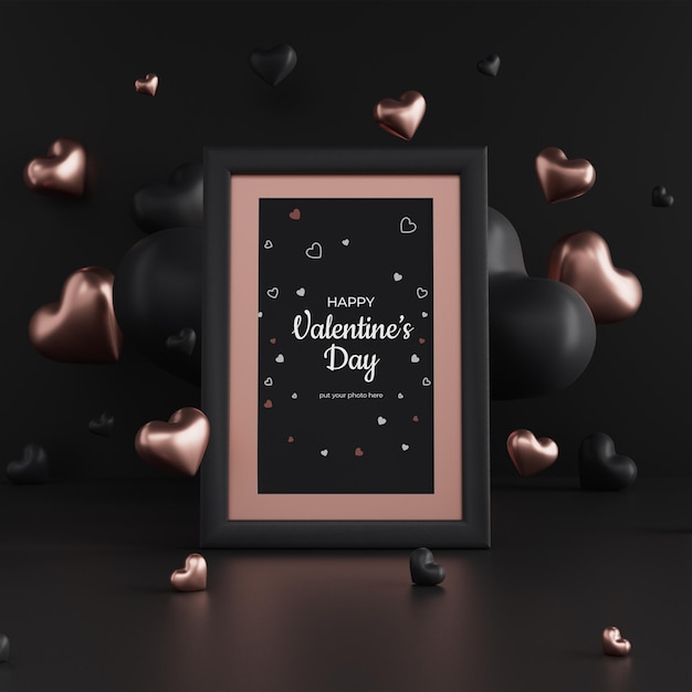 3D Frame photo card mockup for valentine's day concept with black and gold hearts