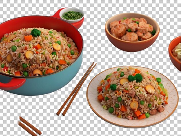 3d Fried rice with sausage on transparent background